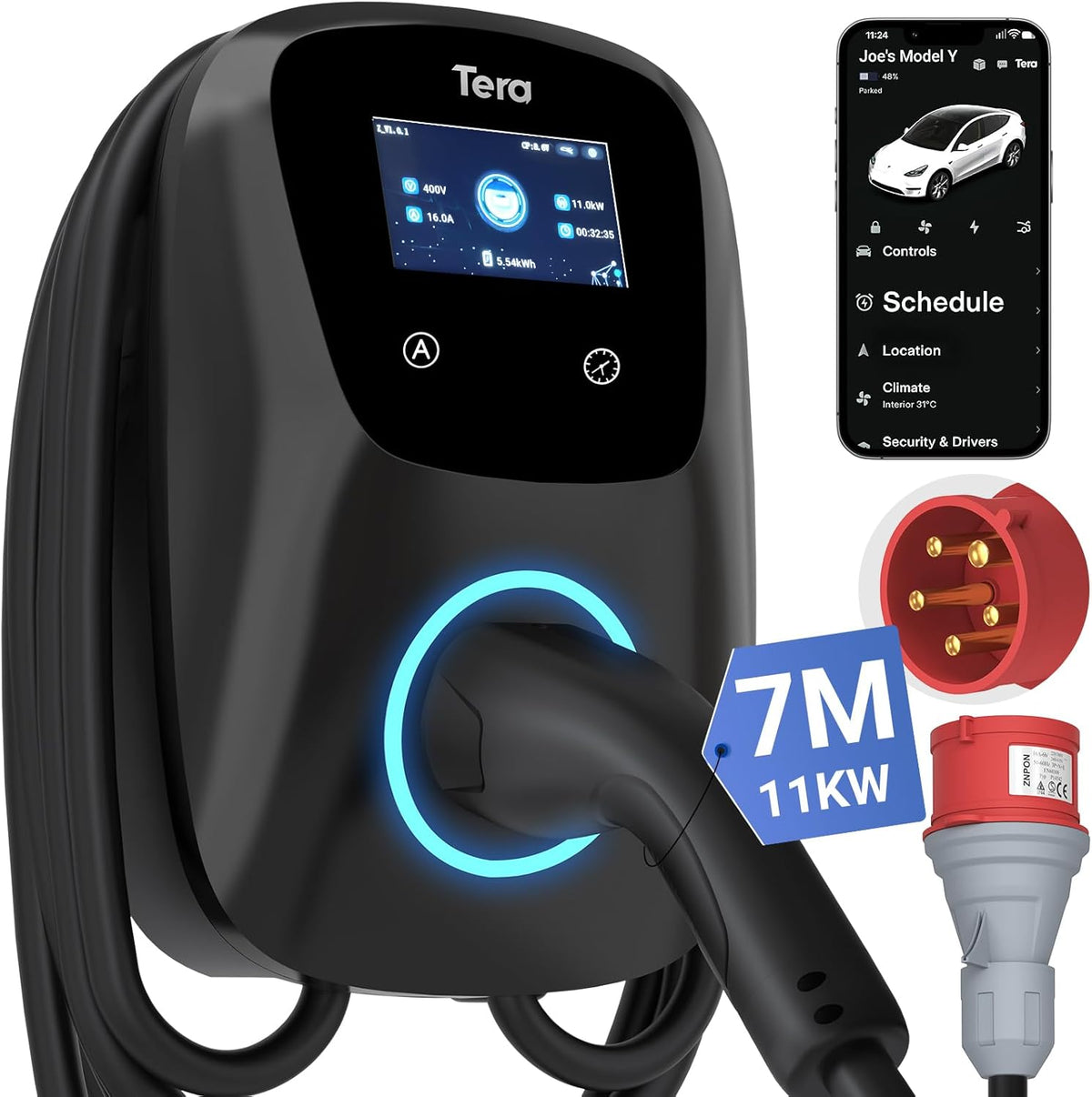 Tera W01 nutikas laadija rakendusega | IP54 | kuni 22 kW | 7m laadimiskaabel